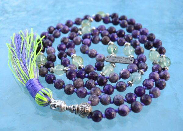 Charoite & Prehnite Mala Necklace with 108 hand-knotted beads, designed to balance the Heart and Third Eye Chakras. Enhances healing and spiritual growth, ideal for Virgo and Scorpio.