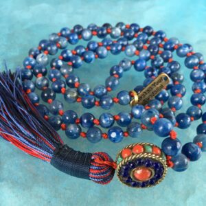 Kyanite Mala Beads Necklace focusing on Throat Chakra balance, enhancing communication and promoting inner peace. Ideal for Libra and Aries, with hand-knotted blue Kyanite beads.