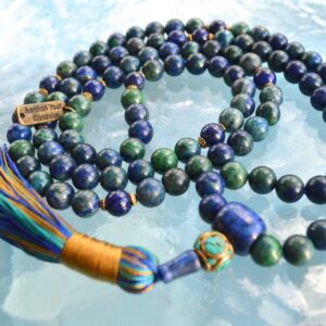 Azurite Mala Necklace featuring 108 hand-knotted beads, designed to support the Third Eye and Throat Chakras. Ideal for Aquarius and Sagittarius, it enhances intuition, clear communication, and spiritual growth.