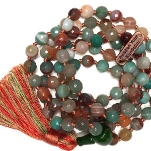 Multicolored Agate Mala Necklace with 108 hand-knotted beads, designed to balance and energize all chakras from Root to Crown. Harmonizes with all zodiac signs, promoting vitality and overall well-being. Ideal for meditation and daily wear.