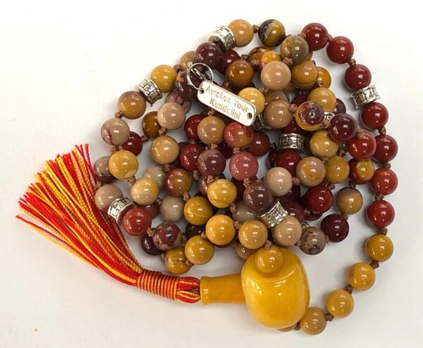 Mookaite Mala Necklace focusing on Root and Solar Plexus Chakras, providing grounding and inner strength. Ideal for Leo and Virgo, with hand-knotted Mookaite beads.