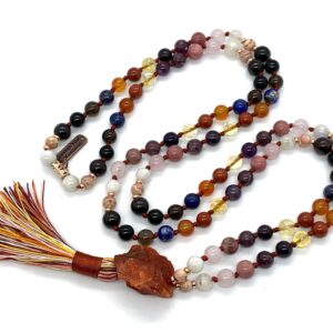 Crystals for Anxiety Mala Necklace with 108 hand-knotted beads featuring Amethyst, Carnelian, Rhodonite, Rhodochrosite, and Rose Quartz. Supports emotional healing and balance, ideal for anxiety relief.