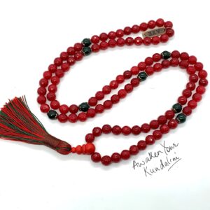 A Red & Green Jade Mala Necklace designed for Heart and Root Chakra balance, enhancing vitality and emotional harmony. Ideal for Capricorn and Aries, featuring high-quality jade beads.