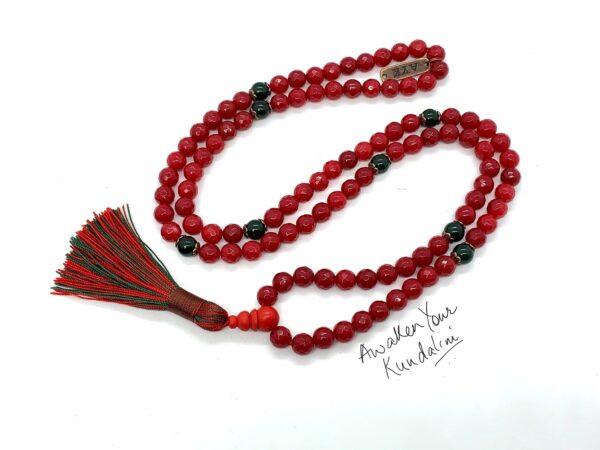 A Red & Green Jade Mala Necklace designed for Heart and Root Chakra balance, enhancing vitality and emotional harmony. Ideal for Capricorn and Aries, featuring high-quality jade beads.