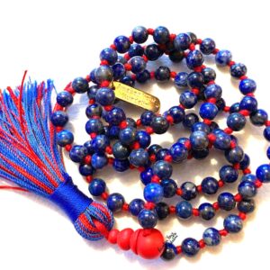 Lapis Lazuli Hand Knotted Mala Necklace featuring genuine Lapis Lazuli beads. Supports Throat and Third Eye Chakras, ideal for Sagittarius and Pisces. Enhances wisdom and truthful communication, perfect for spiritual practices.