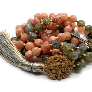 Labradorite & Sunstone Mala Necklace with 108 hand-knotted beads, designed to activate the Third Eye and Solar Plexus Chakras. Ideal for Leo and Scorpio, fostering intuition and personal power. Perfect for meditation and spiritual growth.