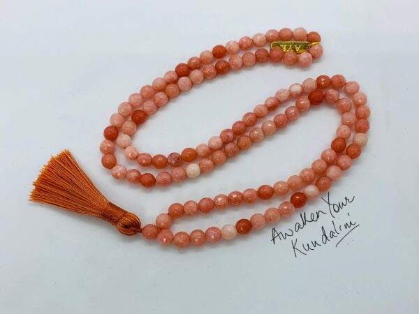 Orange Jade Mala Beads Necklace with 8mm hand-knotted beads, designed for creativity and abundance. Aligns Sacral and Solar Plexus Chakras, ideal for meditation or as a vibrant accessory. Perfect for Leo and Gemini signs.