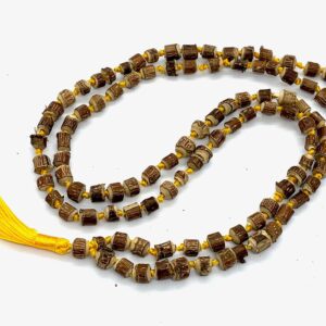 A Natural Raw Tulsi Knotted Mala Beads Necklace with 108 hand-knotted beads, designed for spiritual growth and protection, aligned with Heart and Throat Chakras, and ideal for Libra and Taurus.