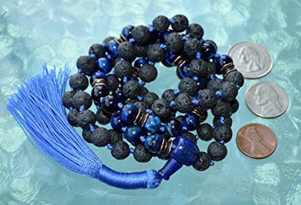 Blue Tiger Eye Mala Necklace with 108 hand-knotted beads, designed to activate the Throat and Third Eye Chakras. Ideal for Capricorn and Aquarius, enhancing clarity and communication. Perfect for meditation and spiritual growth.