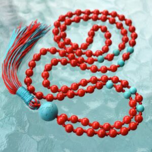 Red Coral and Turquoise Hand Knotted Mala Necklace designed for Root and Throat Chakra support, enhancing strength, vitality, and communication, with gemstones resonating with Aries and Sagittarius.