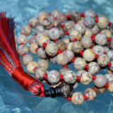 Maifan Jasper Mala Necklace with hand-knotted 8mm beads. Supports balance and grounding, activates Root and Sacral Chakras. Ideal for Virgo and Scorpio zodiac signs.