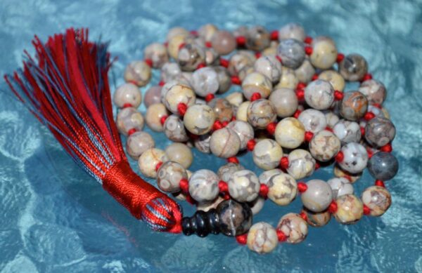 Maifan Jasper Mala Necklace with hand-knotted 8mm beads. Supports balance and grounding, activates Root and Sacral Chakras. Ideal for Virgo and Scorpio zodiac signs.