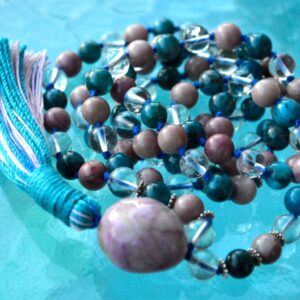 Apatite, Crystal Quartz & Rhodonite Mala Necklace for Throat and Heart Chakra balance, enhancing communication and emotional healing. Ideal for Gemini and Taurus, with hand-knotted beads.