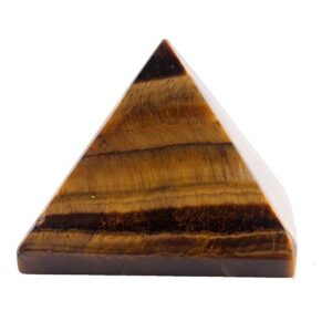 A polished Tiger's Eye Pyramid, showcasing its golden-brown stripes, associated with Gemini and Leo for empowerment and protection.