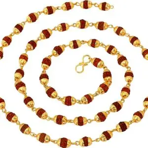 Rudraksha Mala Beads Necklace featuring genuine Rudraksha beads with golden caps, designed for Root Chakra balance, Capricorn & Aquarius empowerment, and spiritual awakening.