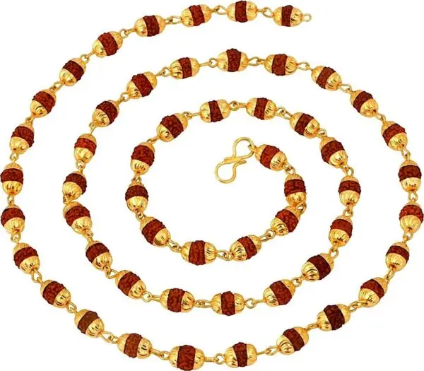 Rudraksha Mala Beads Necklace featuring genuine Rudraksha beads with golden caps, designed for Root Chakra balance, Capricorn & Aquarius empowerment, and spiritual awakening.