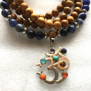 Natural Wood with Lapis & Sodalite Wrap Mala Necklace featuring 108 hand-knotted beads, designed for Throat and Third Eye Chakra support, enhancing communication and clarity, resonating with Sagittarius and Virgo.