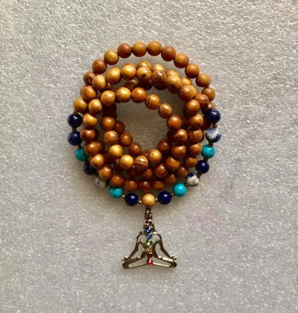 Wooden Third Eye Chakra Wrap Mala Beads designed for Sagittarius and Pisces, supporting intuition, clarity, and spiritual awareness.