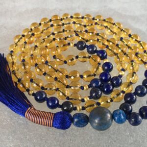 Citrine and Lapis Lazuli Mala Necklace designed for Solar Plexus and Third Eye Chakras, perfect for Sagittarius and Virgo.