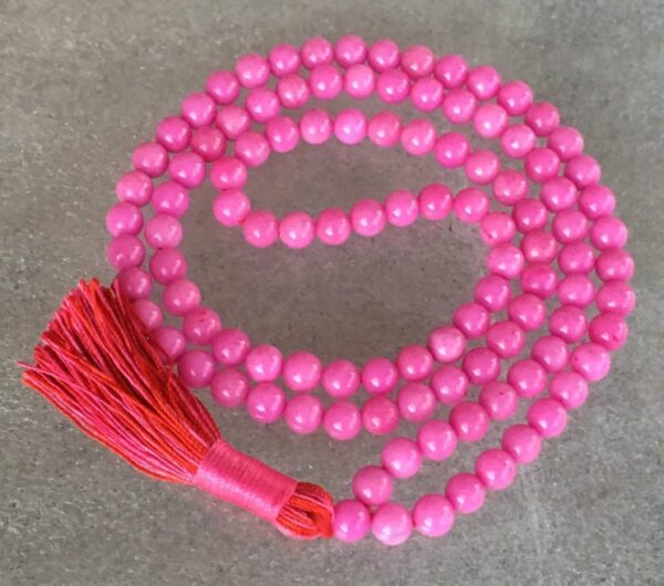 Magenta Pink Mashan Jade Mala Beads Necklace designed for Heart Chakra support, enhancing emotional healing and balance, with vibrant Magenta Pink Mashan Jade beads for Libra and Taurus.