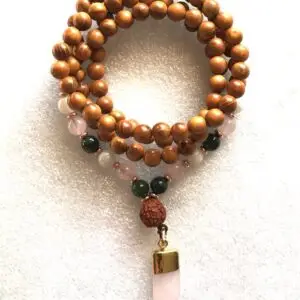 Wood & Rose Quartz Jade Moonstone Wrap Mala Necklace featuring a blend of wood, Rose Quartz, Jade, and Moonstone beads, designed for love, healing, and serenity, supporting the Heart and Crown Chakras, associated with Taurus and Cancer zodiac signs.