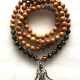 Tiger Eye & Wood Wrap Mala Beads Necklace designed for Solar Plexus Chakra support, promoting confidence and grounding, with gemstones resonating with Leo and Capricorn.