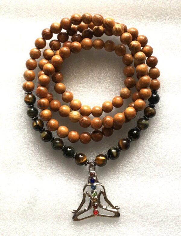 Tiger Eye & Wood Wrap Mala Beads Necklace designed for Solar Plexus Chakra support, promoting confidence and grounding, with gemstones resonating with Leo and Capricorn.