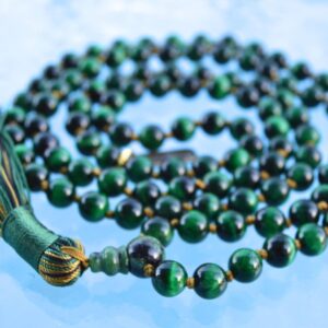 Green Tiger Eye Mala Necklace with natural Green Tiger Eye beads designed to support the Heart Chakra, promoting emotional balance and harmony, especially beneficial for Taurus and Virgo zodiac signs.