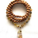 Citrine and Golden Tiger Eye Solar Plexus Chakra mala necklace with wooden beads, designed for confidence and abundance, associated with Leo and Cancer zodiac signs.