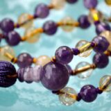 Ametrine, Amethyst & Citrine Mala Beads Necklace designed for Third Eye and Solar Plexus Chakra support, enhancing clarity, intuition, and abundance, with gemstones resonating with Pisces and Leo.