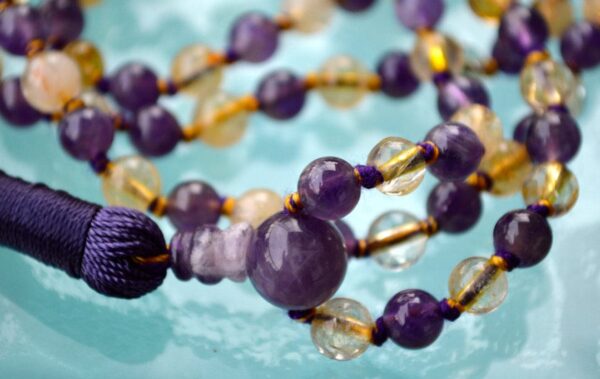 Ametrine, Amethyst & Citrine Mala Beads Necklace designed for Third Eye and Solar Plexus Chakra support, enhancing clarity, intuition, and abundance, with gemstones resonating with Pisces and Leo.