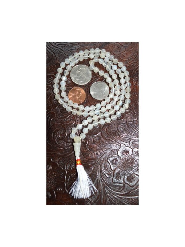 Moonstone Mala Beads Necklace designed for Third Eye and Crown Chakra support, enhancing intuition, emotional balance, and spiritual growth, with gemstones resonating with Cancer and Pisces energies.