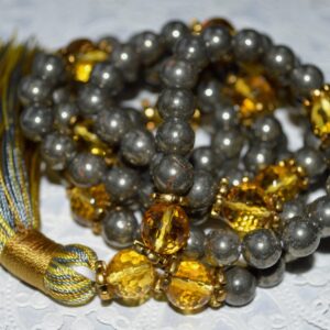 Golden Citrine & Pyrite Mala Beads Necklace designed for Solar Plexus and Root Chakra activation, promoting prosperity, protection, and grounding, resonating with Leo and Capricorn for confidence and stability.