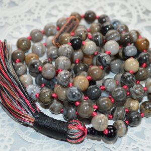 Fossilized Petrified Wood Mala Beads Necklace designed for Root Chakra support, enhancing grounding and stability, associated with Virgo and Capricorn sun signs.