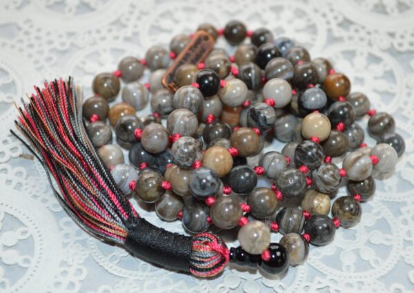 Fossilized Petrified Wood Mala Beads Necklace designed for Root Chakra support, enhancing grounding and stability, associated with Virgo and Capricorn sun signs.