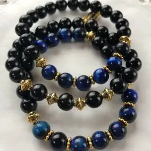 Blue Tiger Eye & Onyx Bracelet Set of 3 for Capricorn sun sign, featuring root and third eye chakra grounding and protective benefits