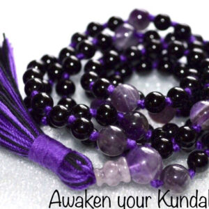 Black Onyx and Amethyst Mala Beads Necklace designed for Root and Third Eye Chakra support, enhancing protection, intuition, and spiritual growth, with gemstones resonating with Capricorn and Aquarius.