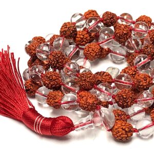 Rudraksha and Quartz Japa Mala Necklace designed for Crown and Root Chakra support, enhancing spiritual clarity and grounding, with beads resonating with Capricorn.