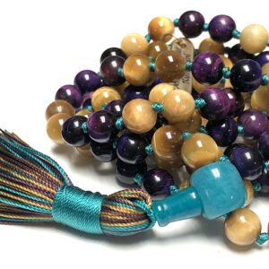 Yellow and Purple Tiger's Eye Mala Necklace featuring 108 hand-knotted beads designed for confidence, intuition, and spiritual growth. Resonates with Leo and Capricorn zodiac signs.