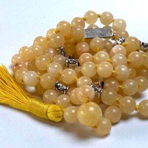 Yellow Calcite Mala Necklace with genuine Yellow Calcite beads, designed to enhance confidence and creativity. Supports Solar Plexus and Sacral Chakras, ideal for Leo and Cancer, perfect for meditation and personal growth.