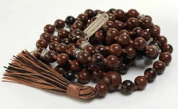 Mahogany Obsidian Mala Beads Necklace featuring genuine mahogany obsidian beads, designed for Root & Sacral Chakra balance, Capricorn & Sagittarius empowerment, and grounding & protection.