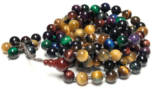 Powerful Tiger's Eye Mala Beads Necklace featuring a mix of blue, black, grey, green, miracle, purple, red, brown, and golden beads, designed for Throat and Root Chakra activation, strength, and protection, associated with Gemini and Capricorn.