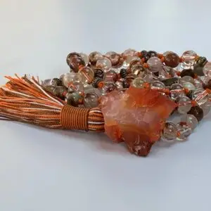 Cacoxenite in Quartz Mala Necklace featuring genuine Cacoxenite and Quartz beads, designed for Third Eye and Crown Chakra balance and Sagittarius spiritual growth.