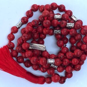 Red Howlite Mala Necklace promoting grounding and motivation, aligned with Root and Sacral Chakras, perfect for Aries and Scorpio zodiac signs.