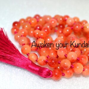  Red Fire Agate Mala Necklace featuring genuine red fire agate beads, designed for Root & Sacral Chakra balance, Aries & Scorpio energies, and enhanced courage and creativity.