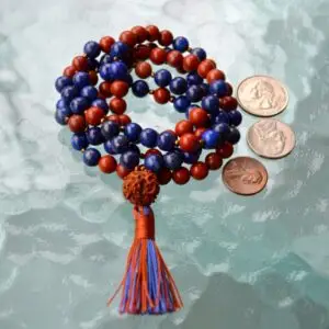 Lapis Lazuli, Jasper & Rudraksha Mala Beads Necklace featuring genuine lapis lazuli, jasper, and rudraksha stones, designed for Third Eye and Root Chakra balance, Virgo & Libra empowerment, and enhanced intuition.