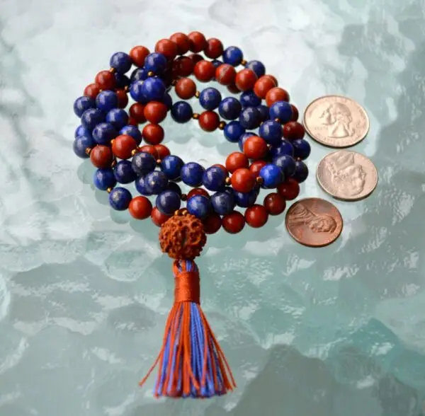 Lapis Lazuli, Jasper & Rudraksha Mala Beads Necklace featuring genuine lapis lazuli, jasper, and rudraksha stones, designed for Third Eye and Root Chakra balance, Virgo & Libra empowerment, and enhanced intuition.