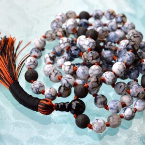 Dragon Vein Agate, Lava, and Black Onyx Hand Knotted Mala Beads Necklace designed for Root and Sacral Chakra balance, ideal for Gemini and Capricorn, promoting strength and protection.