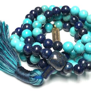 Lapis Lazuli & Turquoise Stone Mala Necklace featuring 108 hand-knotted beads, designed to enhance clarity and communication. Ideal for meditation and spiritual practices, aligning with the Throat and Third Eye Chakras, and resonating with Sagittarius and Aquarius.