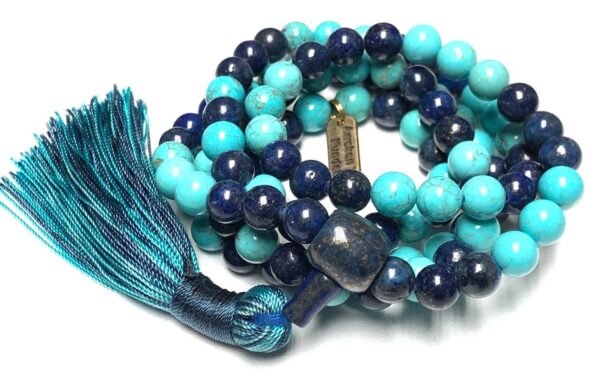 Lapis Lazuli & Turquoise Stone Mala Necklace featuring 108 hand-knotted beads, designed to enhance clarity and communication. Ideal for meditation and spiritual practices, aligning with the Throat and Third Eye Chakras, and resonating with Sagittarius and Aquarius.